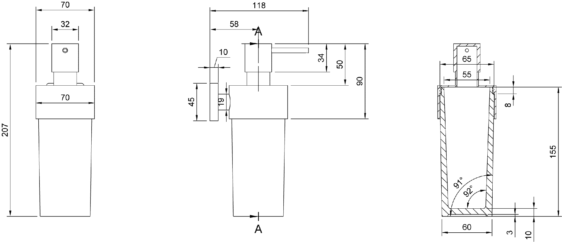 Technical drawing thumbnail for V&B Elements Striking Soap Dispenser – Wall-Mounted – Frosted Glass – Matt Black