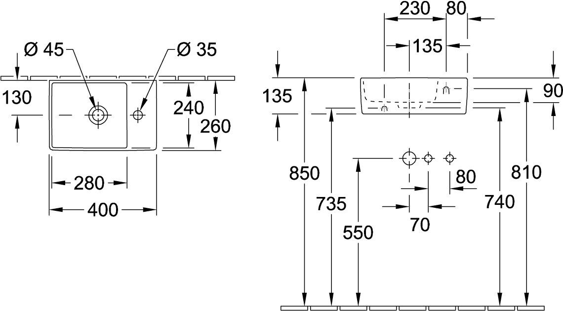 Technical drawing thumbnail for Villeroy & Boch Memento 2.0 Handwash Basin 400 x 260 mm – Ebony CeramicPlus