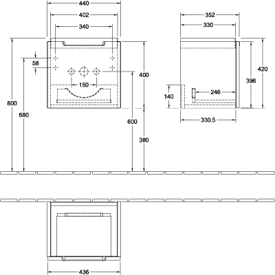 Technical drawing thumbnail for Villeroy & Boch Subway 2.0 Vanity Unit 440 mm – Arizona Oak